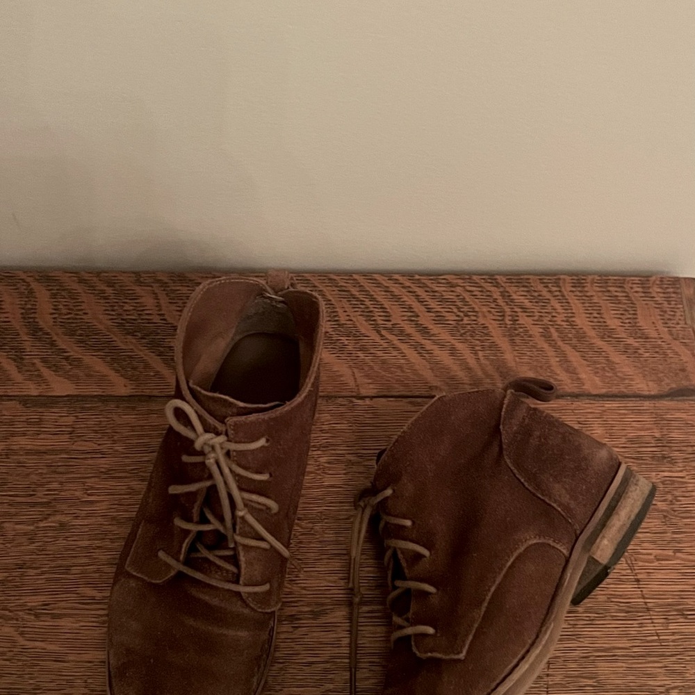 Used. Genuine brown suede leather lace up flat ankle booties